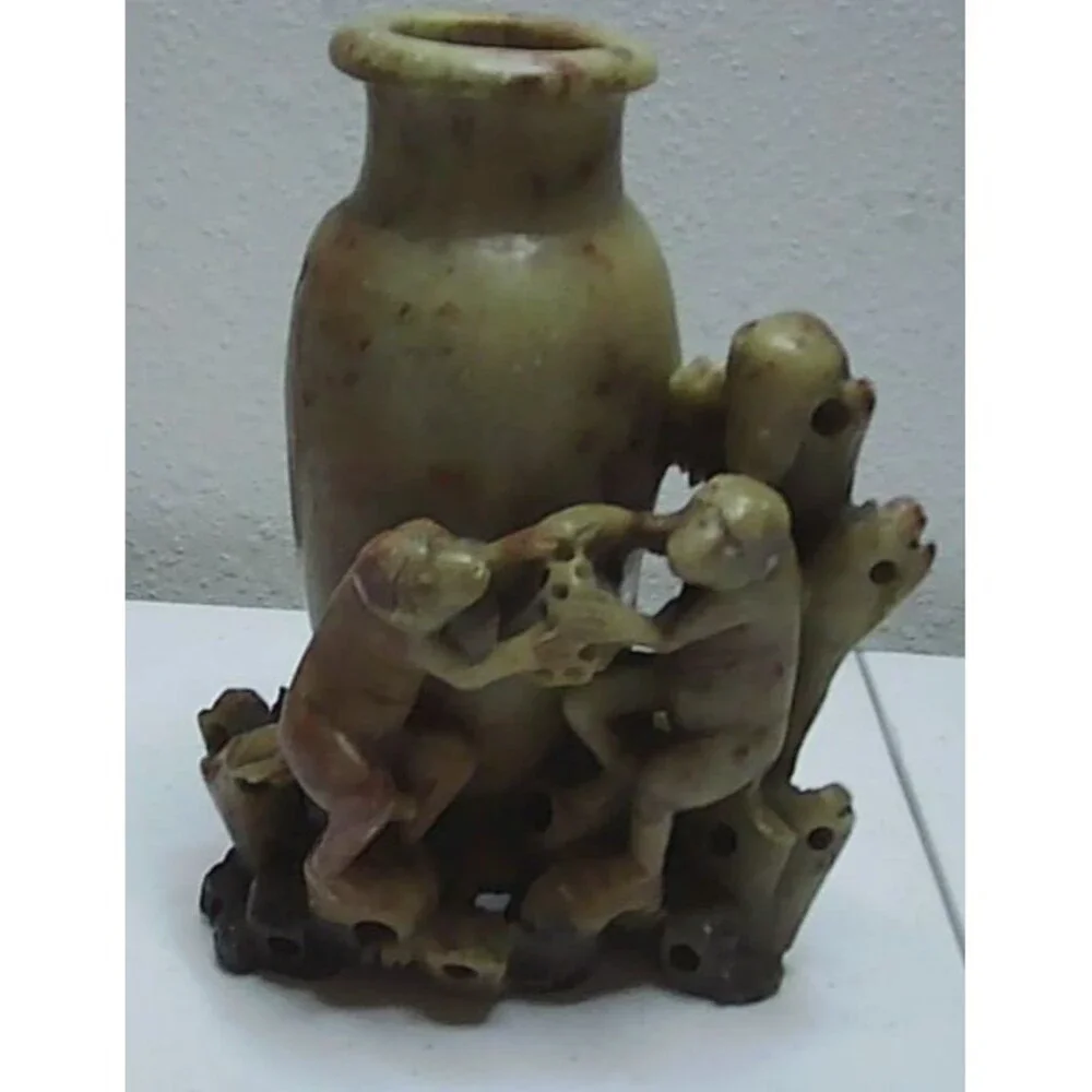 Vintage Asian China Hand Carved Two Monkeys Soapstone Vase Holder  5.5